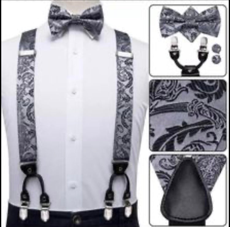 Men Silk Suspenders with Bow Tie Hanky and Cuff Links