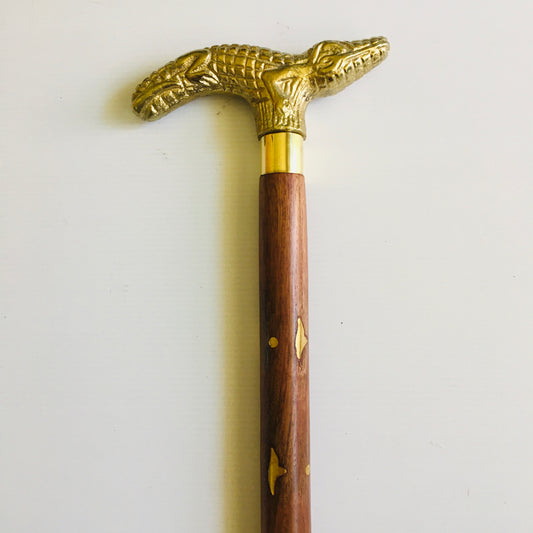 Walking Stick with Brass color on an Alloy Crocodile handle with brown inlaid stick