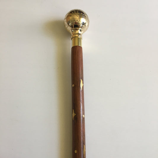 Walking Stick with Shiny Brass Globe Handle on a lovely brown stick with brass inlay