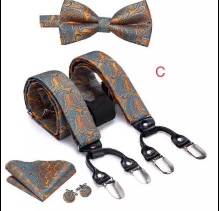 Men Silk Suspenders with Bow Tie Hanky and Cuff Links