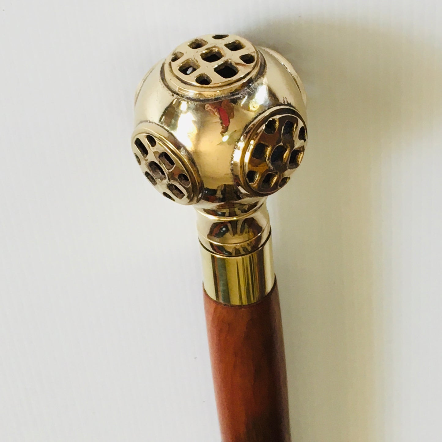 Walking Stick with Solid Brass Divers Helmet handle on brown inlaid stick