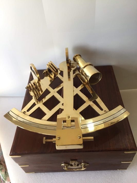 Nautical Sextant 10 "  Solid shiny brass with lovely wooden display box