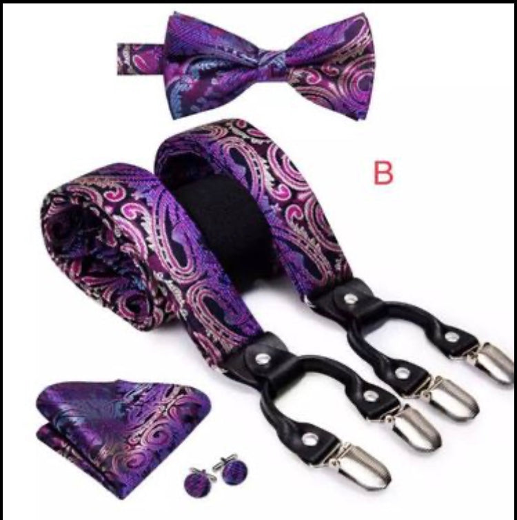 Men Silk Suspenders with Bow Tie Hanky and Cuff Links