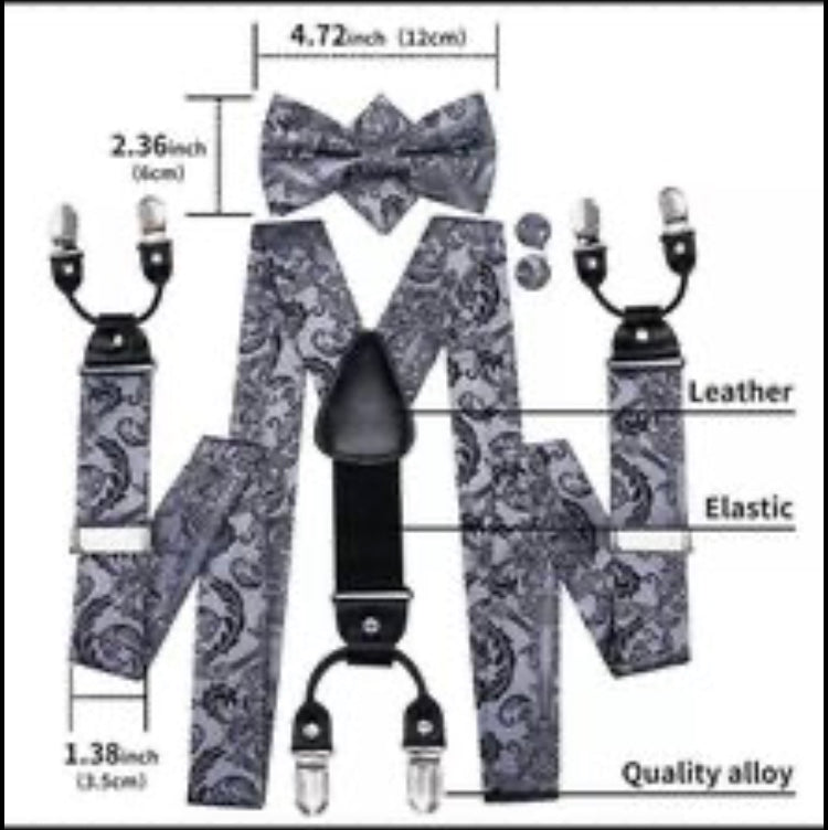 Men Silk Suspenders with Bow Tie Hanky and Cuff Links