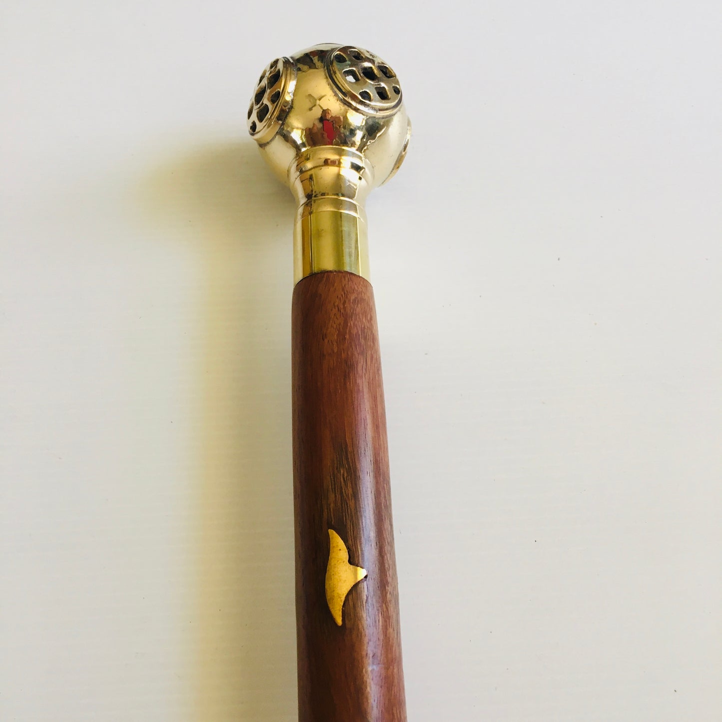 Walking Stick with Solid Brass Divers Helmet handle on brown inlaid stick