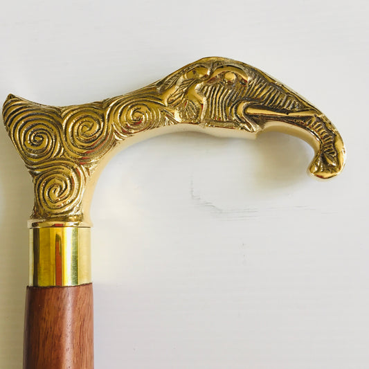 Walking Stick with  Comfortable Solid Brass Elephants Head Handle on brown inlaid stick