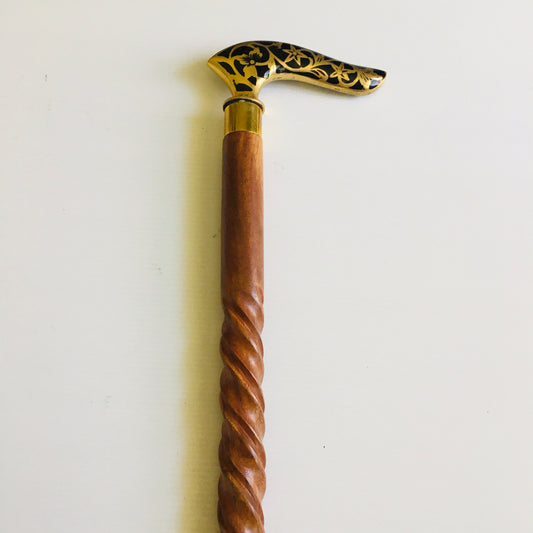 Walking Stick with Solid Brass and Black Patterned Handle on Brown turned wood stick