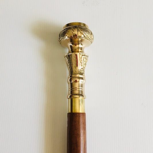 Walking Stick with Solid Brass handle and Compass on Brown Inlaid Stick