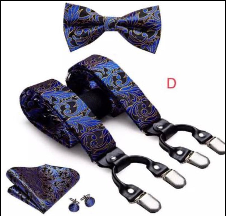 Men Silk Suspenders with Bow Tie Hanky and Cuff Links