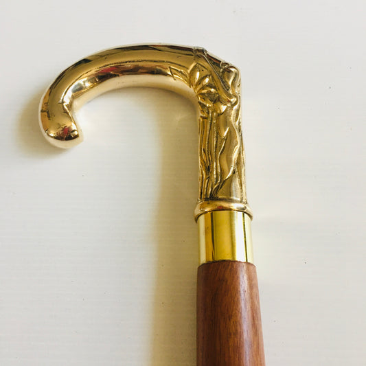Walking Stick with Solid Brass Elelphant's Trunk handle on Brown Inlaid stick