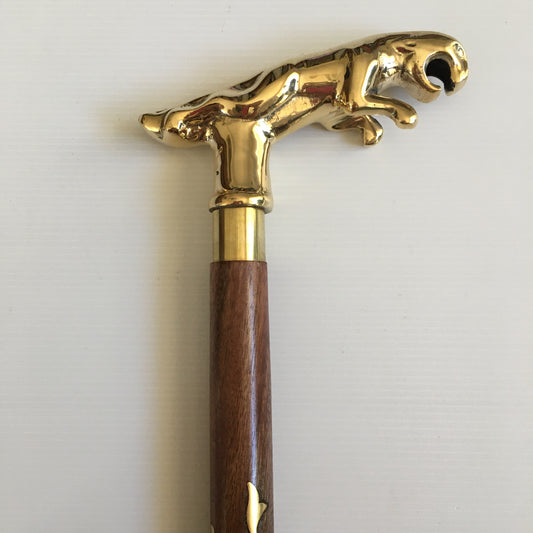 Walking Stick with comfortable Brass Jaguar design handle on a lovely brown inlay stick