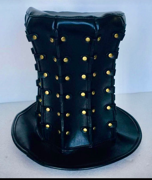 Steampunk Black Leather Extra Tall Top Hat  (Mad Hatter Style)