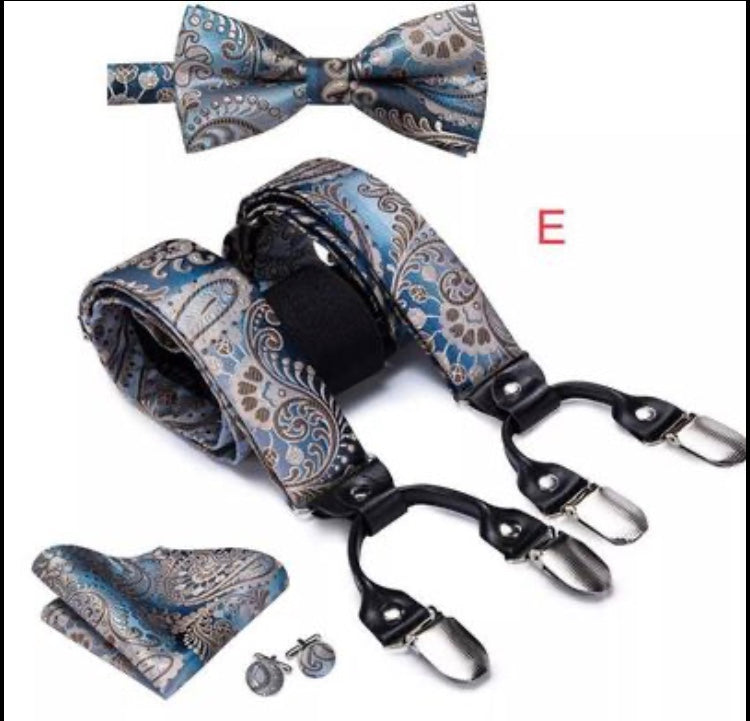 Men Silk Suspenders with Bow Tie Hanky and Cuff Links