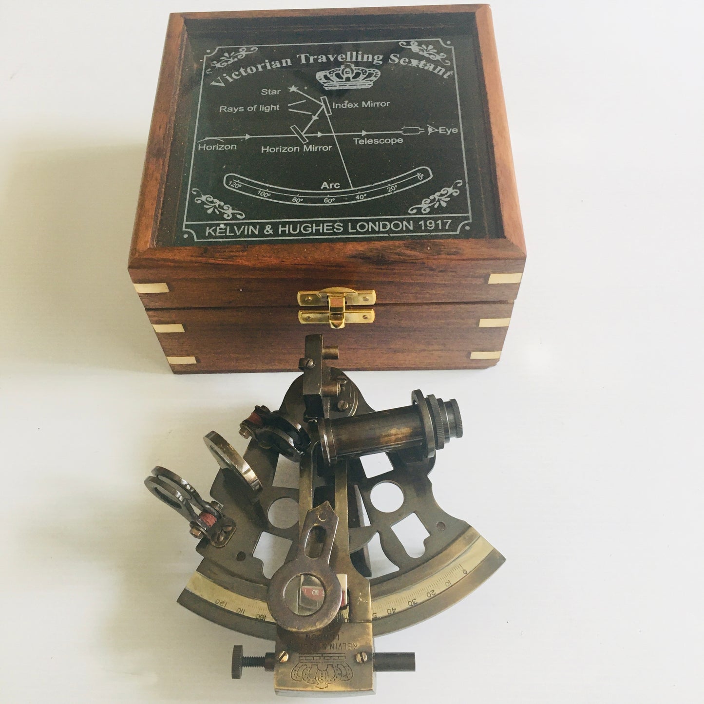 Nautical Sextant 4 " Travelers (antique brass color) in lovely Glass topped Box