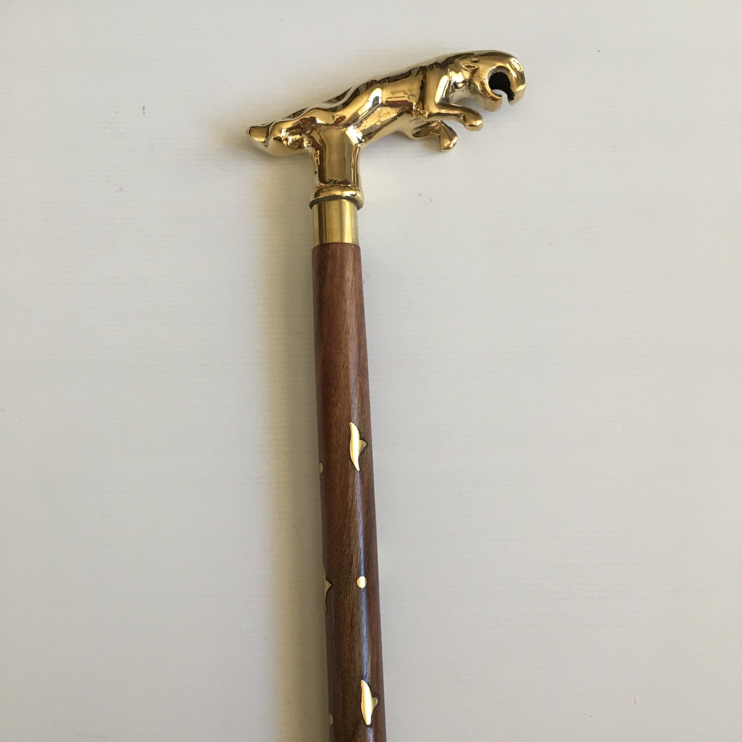 Walking Stick with comfortable Brass Jaguar design handle on a lovely brown inlay stick