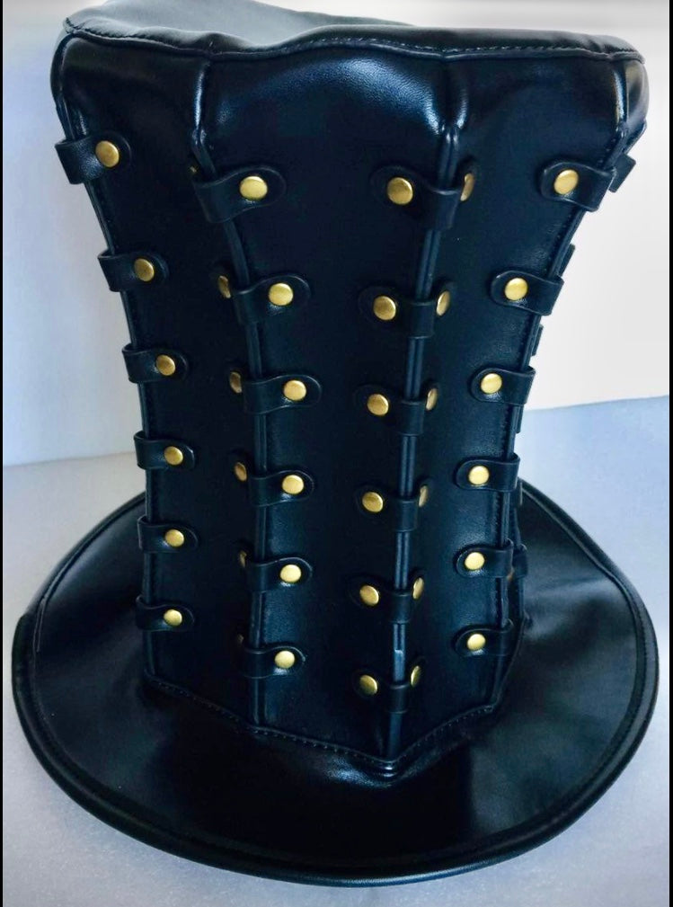 Steampunk Black Leather Extra Tall Top Hat  (Mad Hatter Style)