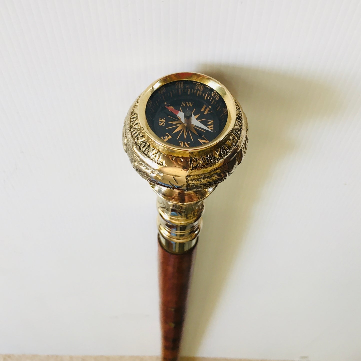 Walking Stick with Solid Brass handle and Compass on Brown Inlaid Stick