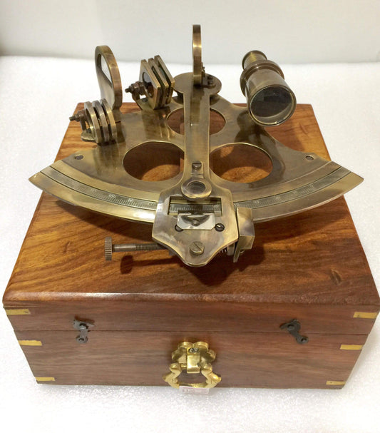 Solid  Brass Nautical  Sextant 8 " Antique brass color with lovely wooden display box.