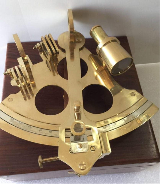 Nautical Sextant 8" shiny solid brass with lovely wooden display box