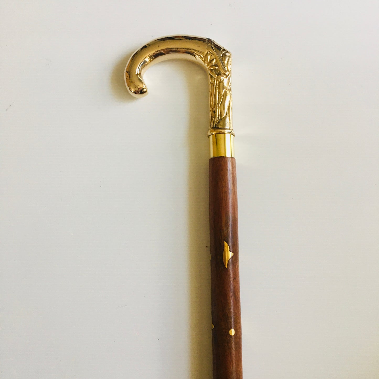 Walking Stick with Solid Brass Elelphant's Trunk handle on Brown Inlaid stick
