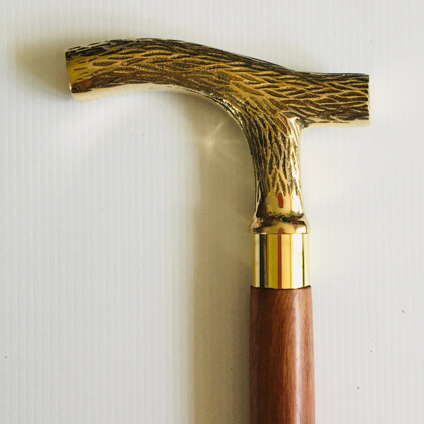 Walking Stick with Solid Brass( deer antler pattern )Handle on Brown inlaid stick