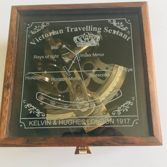 Nautical Sextant 4 " Travelers (antique brass color) in lovely Glass topped Box
