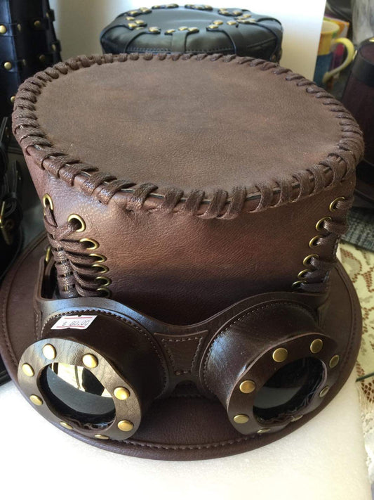 Steampunk Style Brown Leather Top hat with new style leather goggles